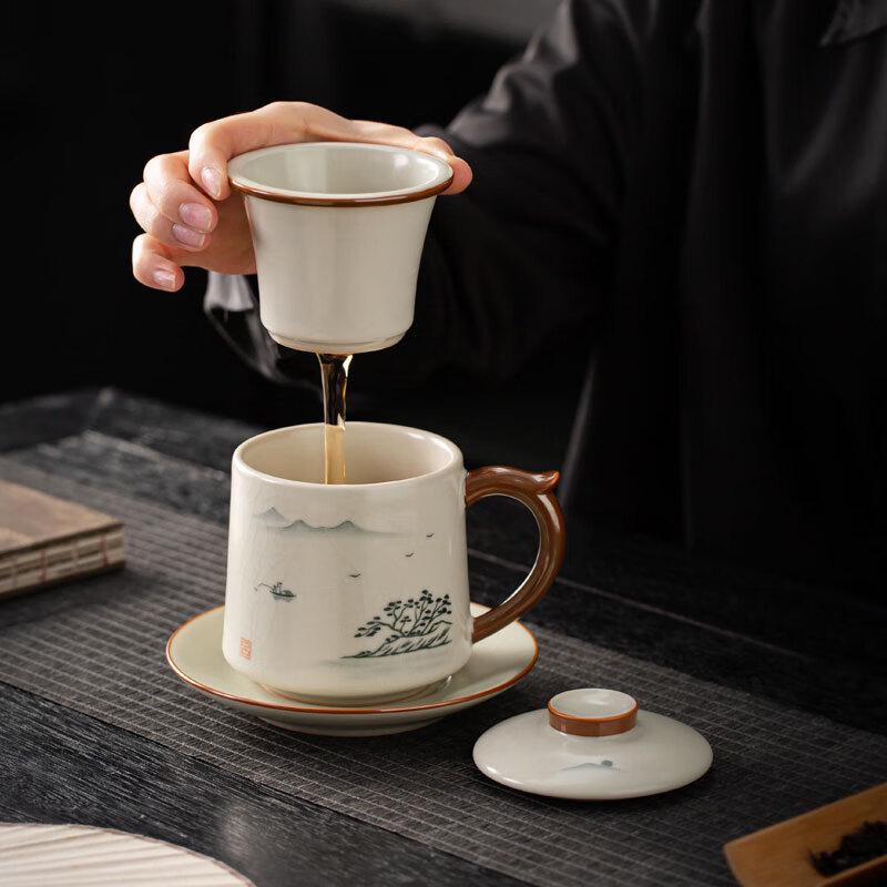 Lu Chengming Handmade Gold-Inlaid Beige Ru Kiln Tea-Water Separation Office Cup