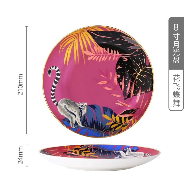 Новый стиль Лесной Животный Тигр Узор Посуда Керамика Обеденные Тарелки Костяной Китай Фарфоровая Тарелка с Золотым Краем Западное Блюдо