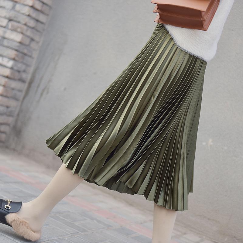 Women 11 Colors Satin Pleated Midi Skirt Elegant Elastic Waist Solid Color A-line Skirt
