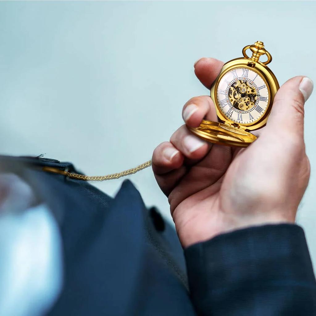 Pocket Watch Automatic Skeleton Antique Roman Analog Display Pocket Watch Waterproof Pendant Watch with Chain Gold Birthday Anniversary Christmas Day