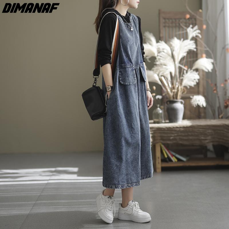 Dimanaf Плюс Размер Осеннее Платье Джинсовая Безрукавка Женская Элегантная Хлопковая Верхняя Одежда Длинное Платье Свободная Повседневная Одежда Оверсайз A
