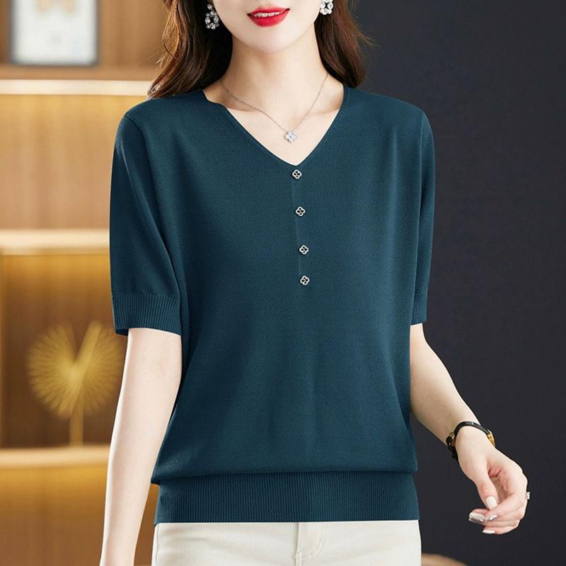 Летняя женская трикотажная футболка Ice Silk с короткими рукавами, летний новый свободный и стильный тонкий трикотажный топ с V-образным вырезом