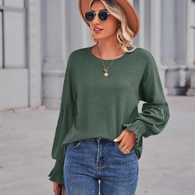 GMXIA Женские модные повседневные однотонные блузки и рубашки с круглым вырезом и длинным рукавом с принтом