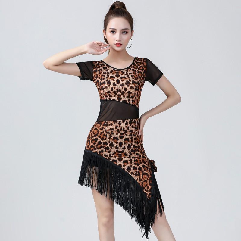 Womens Latin Dance Dress Leopard Print Fringe Tulle Overlay Flowy Skirt Performance Costume