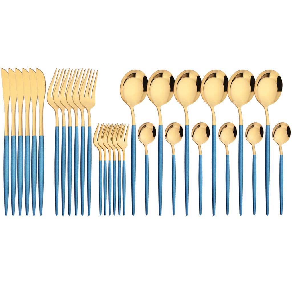 30Pcs Red Gold Dinnerware Set Western Stainless Steel Cutlery Knife Cake Forks Tea Spoon Flatware Silverware Kitchen Tableware