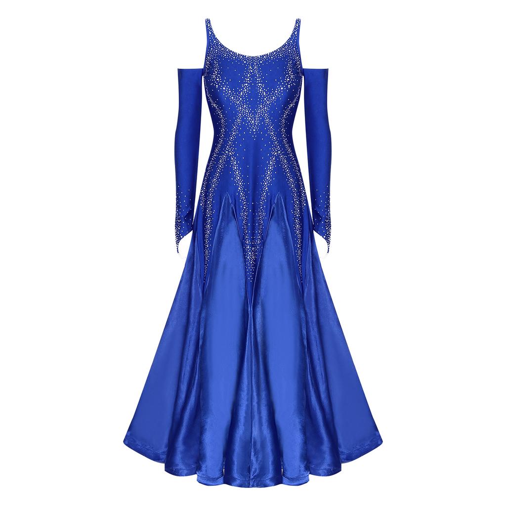 Женское бальное платье для танцев с V-образным вырезом, открытой спиной, открытыми плечами, блестящими стразами, расклешенным подолом, сценическое платье для выступлений