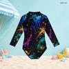 Girls High Neck Long Sleeve Front Zip One Piece Colorful Printed Swimsuit
