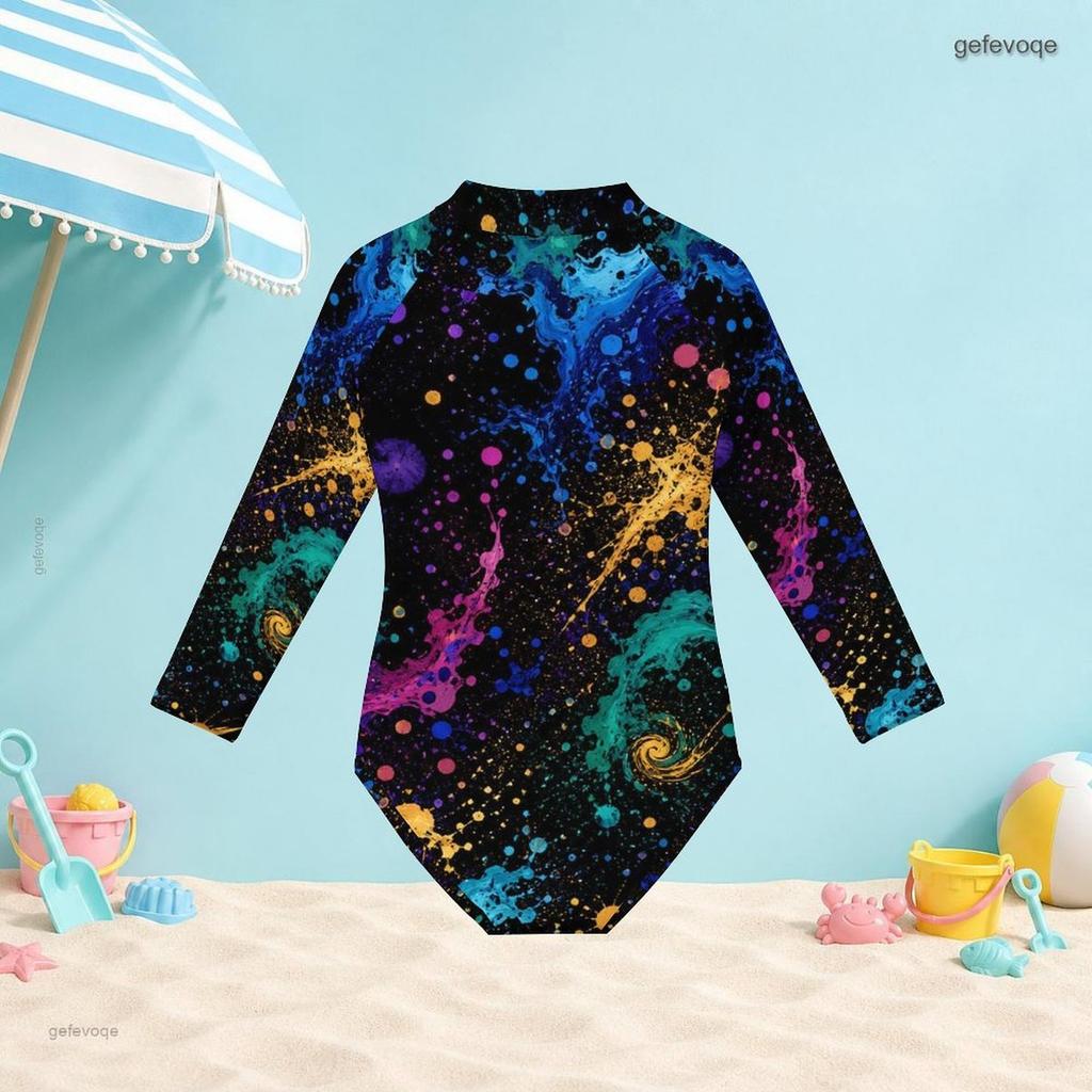 Girls High Neck Long Sleeve Front Zip One Piece Colorful Printed Swimsuit