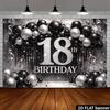 Ткань для фона баннера на 18-летие, 2D. Черно-серебристая минималистичная тема, сияющие серебряным порошком цифры 18