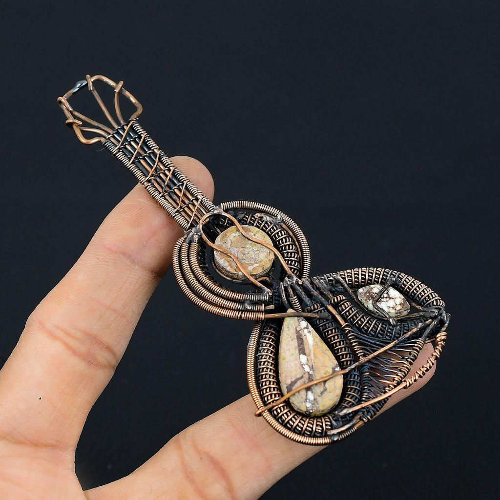 Драгоценный камень дикой лошади в форме гитары, чистая медная проволока, обернутая подвеска ручной работы, ювелирные изделия для подарка