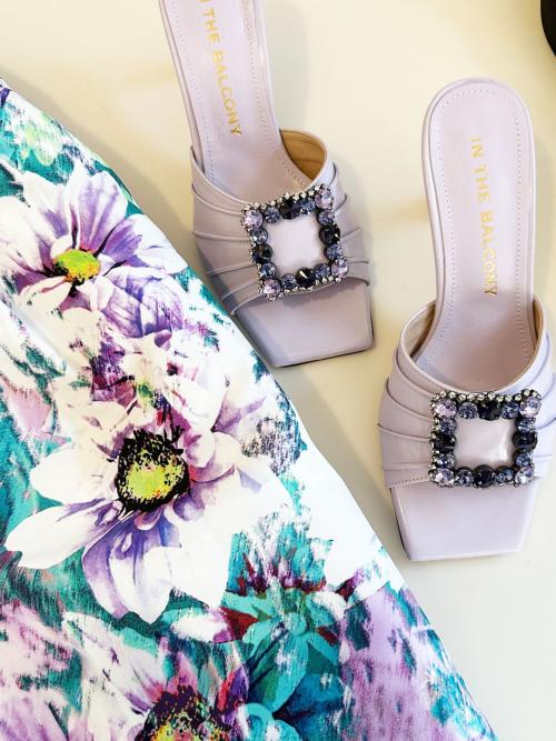In The Balcony Belinda Lilac Purple Square Pleated Slipper Mule Pumps 6Cm