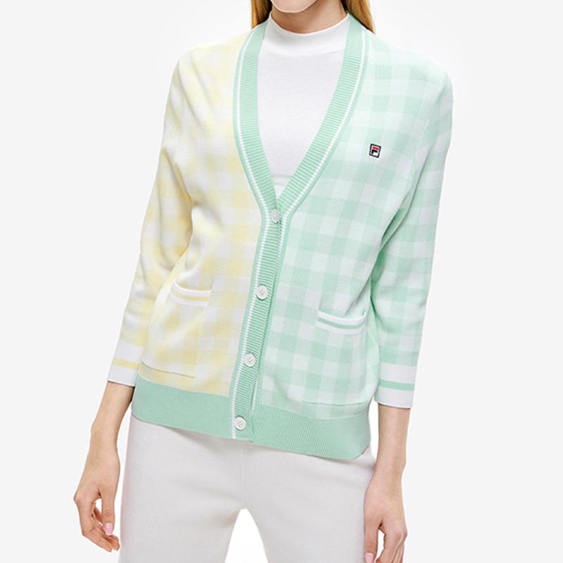 Fila Color Block V-Neck Plaid Knit Cardigan Women Outerwear Green F11W228402F-LG