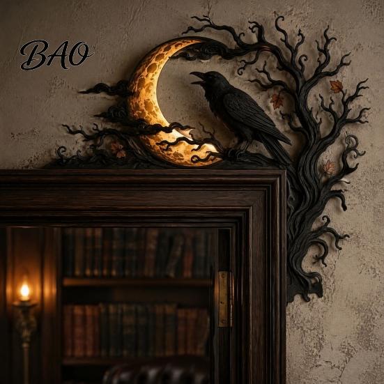 Seasonal Home Ornaments Halloween Raven Moon Door Corner Decor, Spooky Dead?Tree Crow Wall Hanging Gothic Aesthetic Gifts Ornament, Mystical