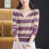 V-neck Striped Knitted Bottom Shirt Spring Autumn New Women's Loose Thin Sweater Top Long Sleeve Blouse S-4XL