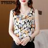 Летний женский жилет, новый размер плюс, без рукавов, шелковый принт, подтяжки, цветочная основа, рубашка