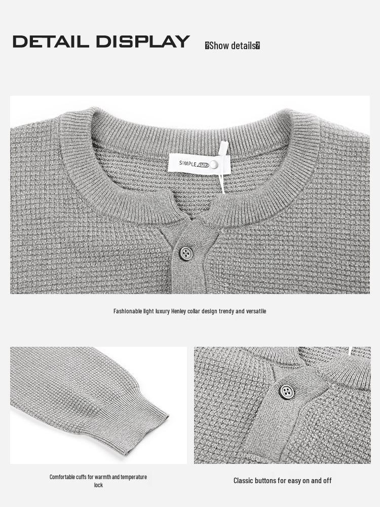 Мужской свитер-henley с V-образным вырезом из смесовой шерсти: Модный трикотажный пуловер Осень/Зима