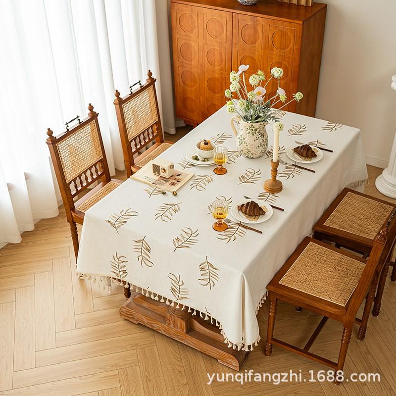Linen Cotton Tablecloth With Botanical Embroidery French Style Rectangular Dining Table Cover Decorative Home Dcor