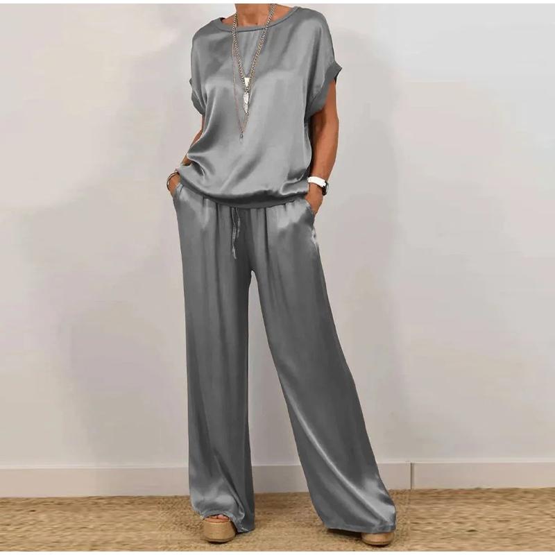 Повседневный однотонный комплект с круглым вырезом, женский модный свободный свитер с коротким рукавом, топы с широкими штанинами, длинные комплекты из 2 предметов для женщин на лето