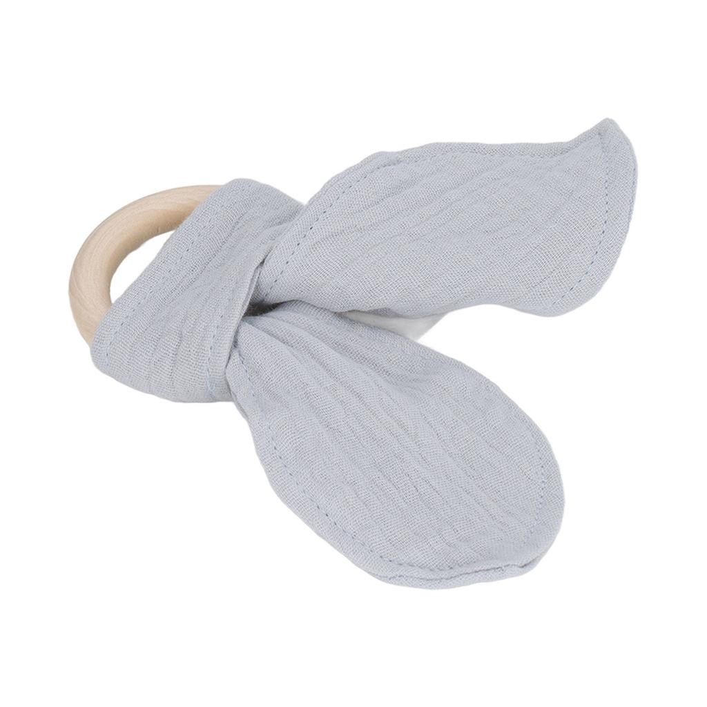 Baby Wood Ring Teether Rabbit Ears Cotton Gauze Hand Grip Training Soothing Baby Wooden Bite Ring