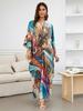 EDOLYNSA Cozy Plus Size Kaftan Boho Printed Swimsuit Coverup For Women Summer Hand-knit V Neck Short Sleeve House Dress Loose Beachwear Q1588