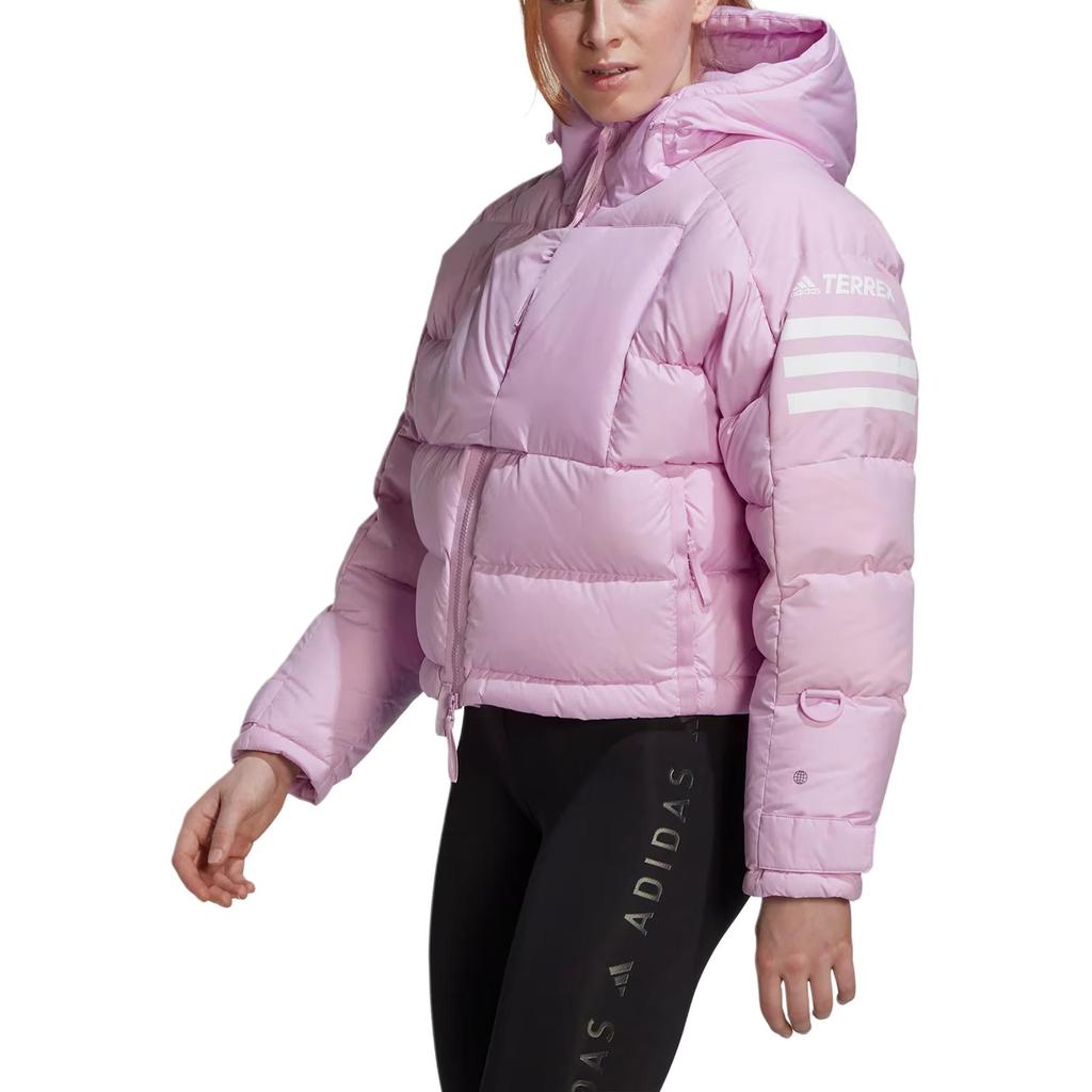 adidas Короткая женская куртка-пуховик с капюшоном и тремя полосками, розовая HG3164