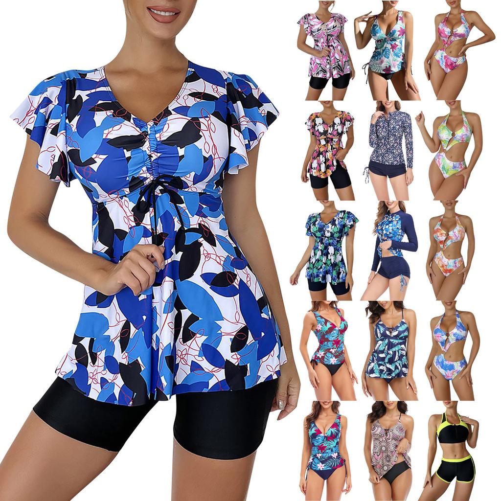 Модный женский раздельный купальник с круглым вырезом и длинным рукавом с принтом