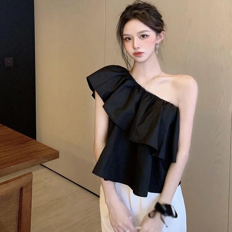 Women's One Shoulder Blouse Ruffled Layered Sleeveless Top Tee Off Shoulder Blouse Pullover T-Shirt Cropped Shirt Solid Color