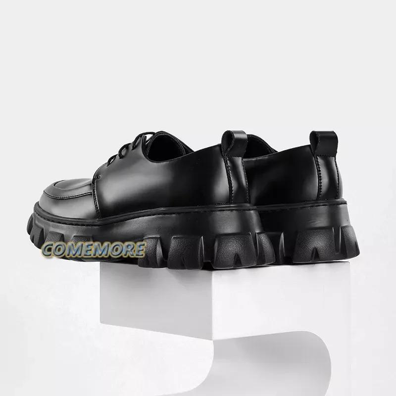Male Leather Shoes Men's 2024 New Chunky Platform Retro Work Shoes Spring Autumn Low Top Man Casual Flats British Style Lace-up