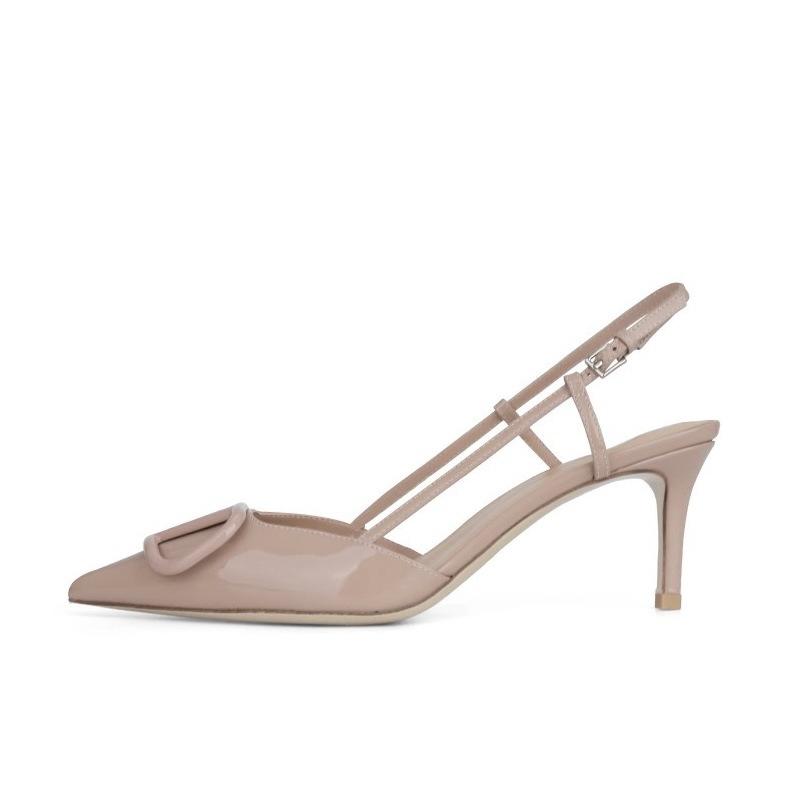 Версия из овчины~ Французский V-образный вырез, тонкий каблук, сандалии с закрытой пяткой, женские летние новые кожаные телесного цвета с открытой пяткой, остроносые туфли на высоком каблуке