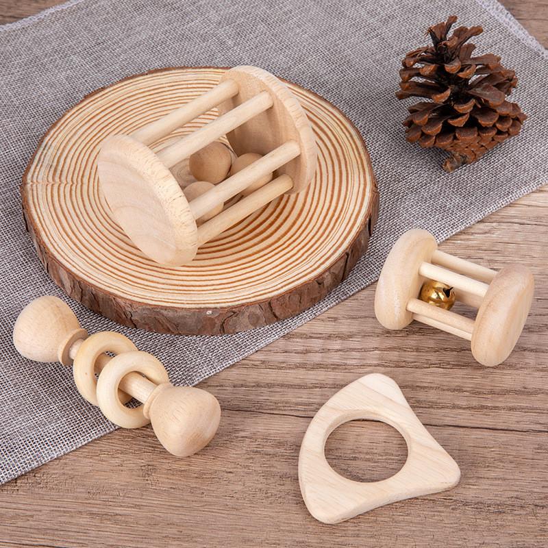 Wooden Baby Natural Rattle Set Toy With Sounding Features For Kids Sensory Play
