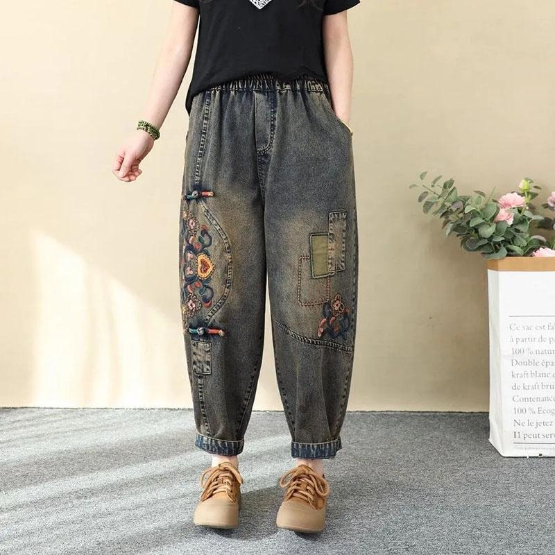 Хлопковые брюки летние женские большие размеры свободные джинсы брюки универсальные повседневные с высокой талией широкие льняные брюки
