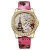 Snake Print Leather Belt Women's Watch with Eiffel Tower Design and Diamond Numerals