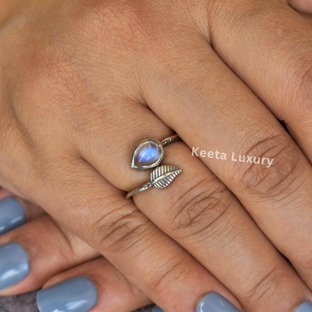 Leaf Rainbow Moonstone Ring, Nature Inspired bohemian Ring, rainbow moonstone everyday ring, unique Anniversary or birthday Gift For Her