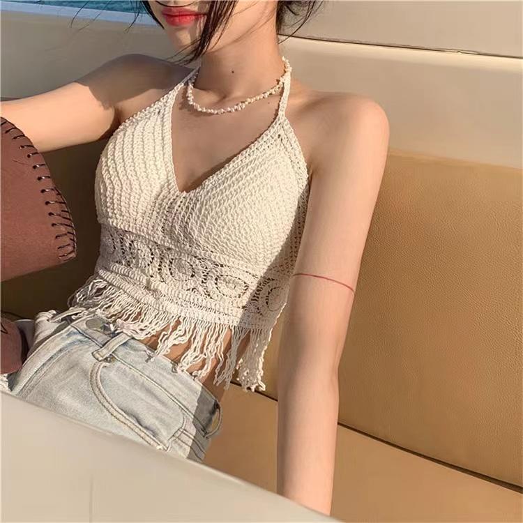 Sexy Boho Beach Holiday Camisole Halter Women Swimsuit Bra Backless Vest Hollow Tassel Tank Top Women's Crop Tops
