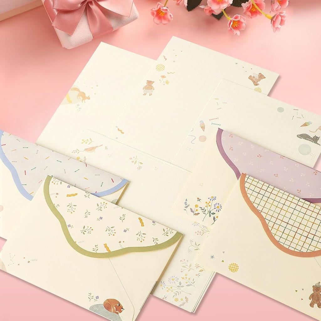 37 Pcs Stationery Paper Envelopes Set Includes 24 Lined Writing Paper & 12 Envelopes with 48 Round Stickers, Cute Bear Flower Cat Letter Writing and