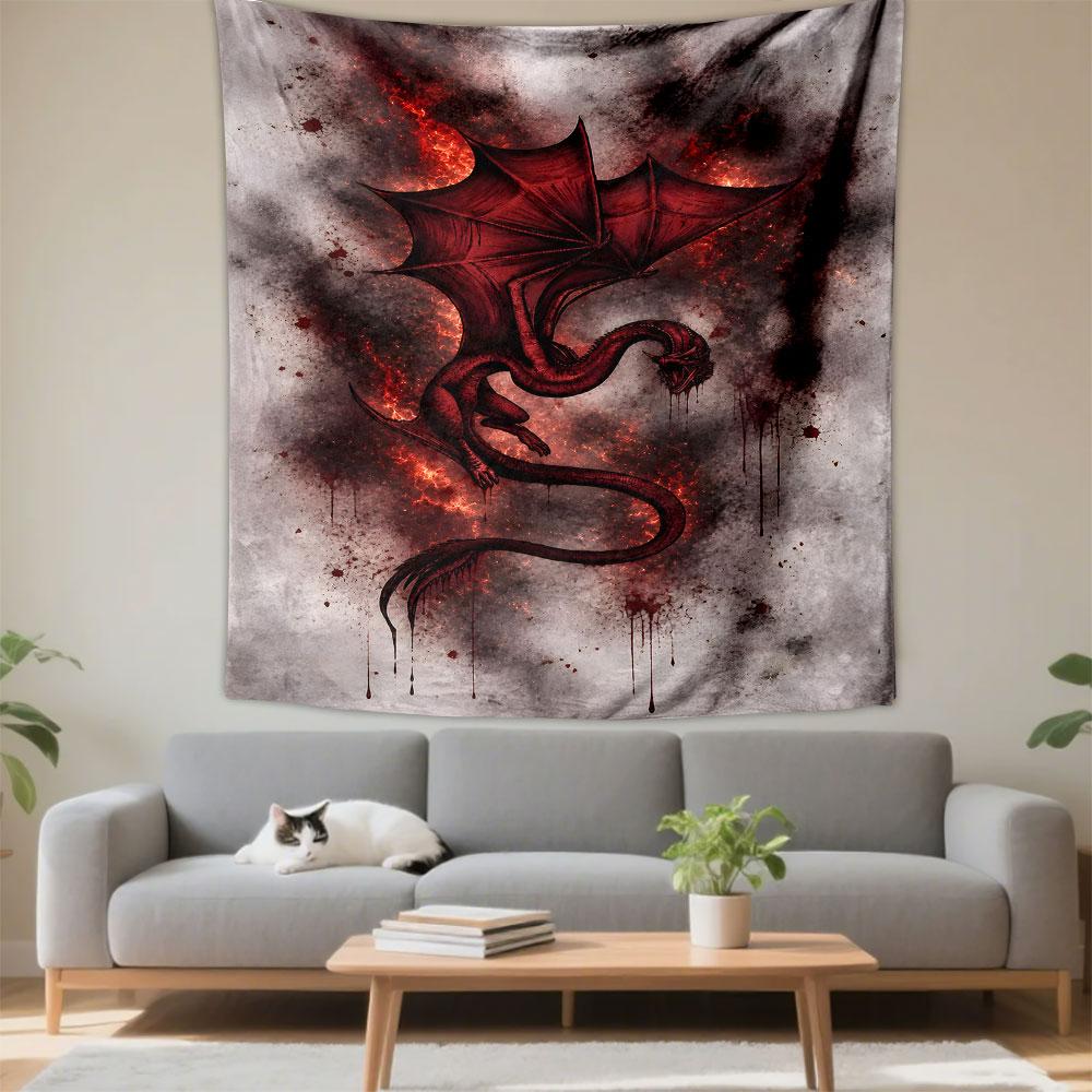 "Red Dragon with Fiery Background" Patterned Tapestry Decorative Wall Hanging, Home Bedroom Living Room Decor