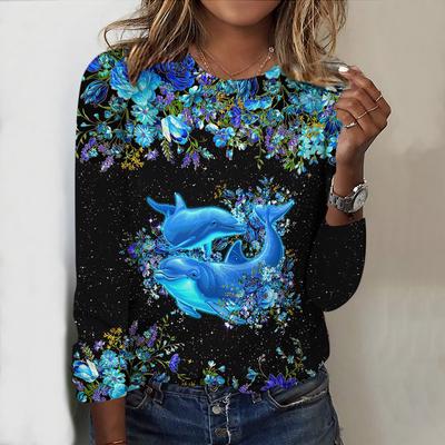 Топы на весну и осень с принтом китов и цветочным принтом, с круглым вырезом и длинными рукавами, осенний повседневный тонкий пуловер, женский топ с длинными рукавами