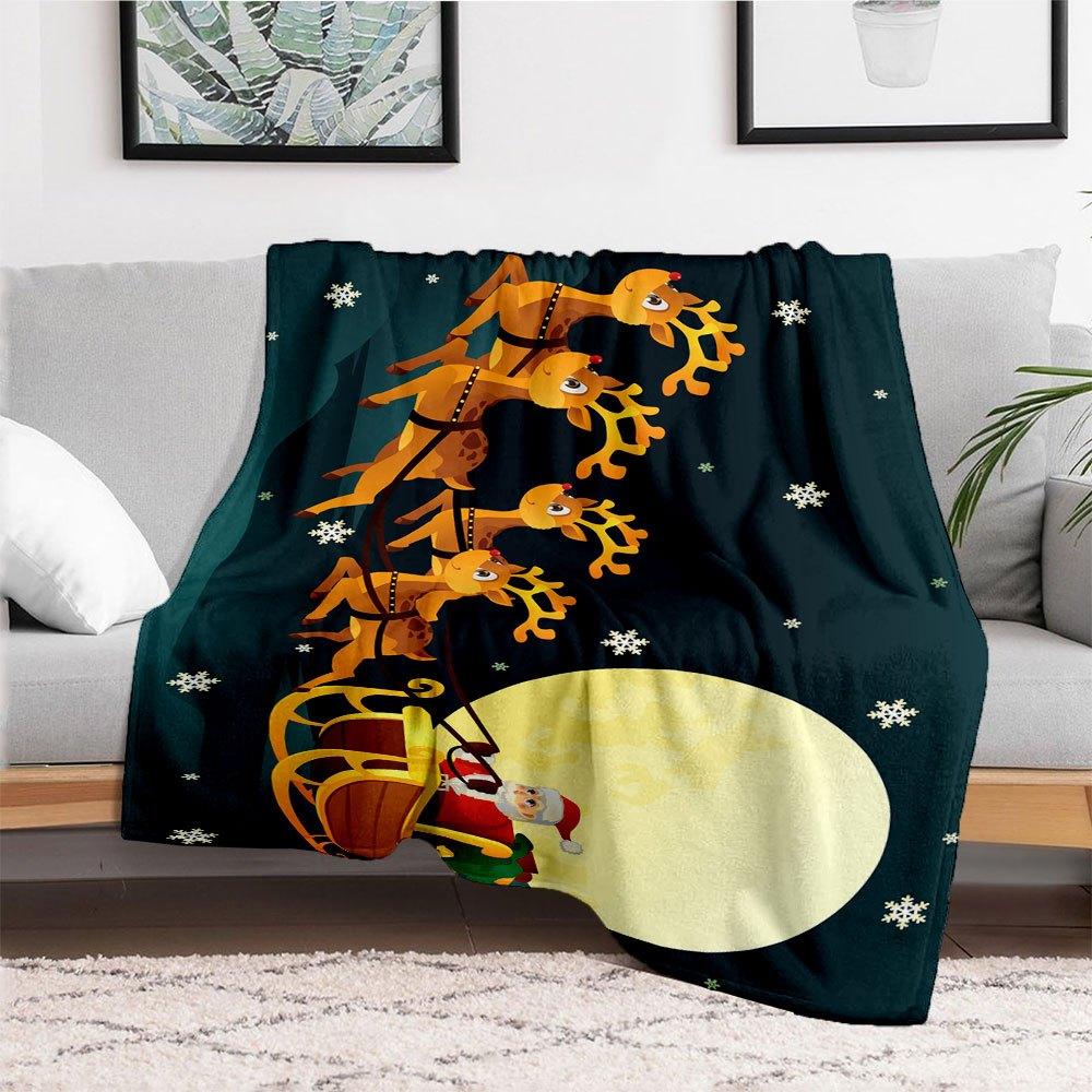 Christmas Santa Claus Reindeer Snow Sleigh DecorationBlanket Flannel Throw Blanket for Sofa, Bed, Travel, Camping, Office, Couch, Chair, And