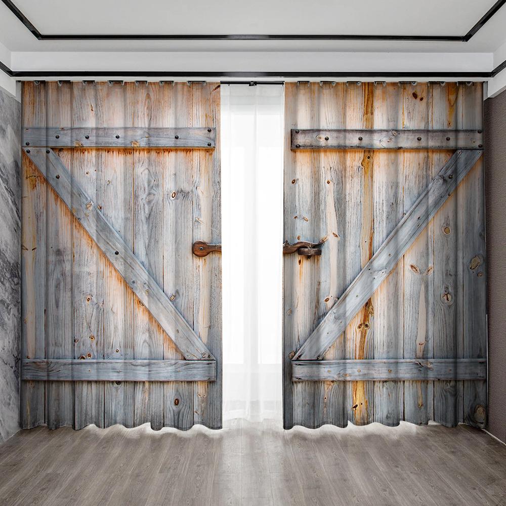 2PC Curtains, Western Cowboy Farm Decorated Wooden Doors With Pole Pocket Curtains, Suitable For Kitchens, Cafes, And Bedroom