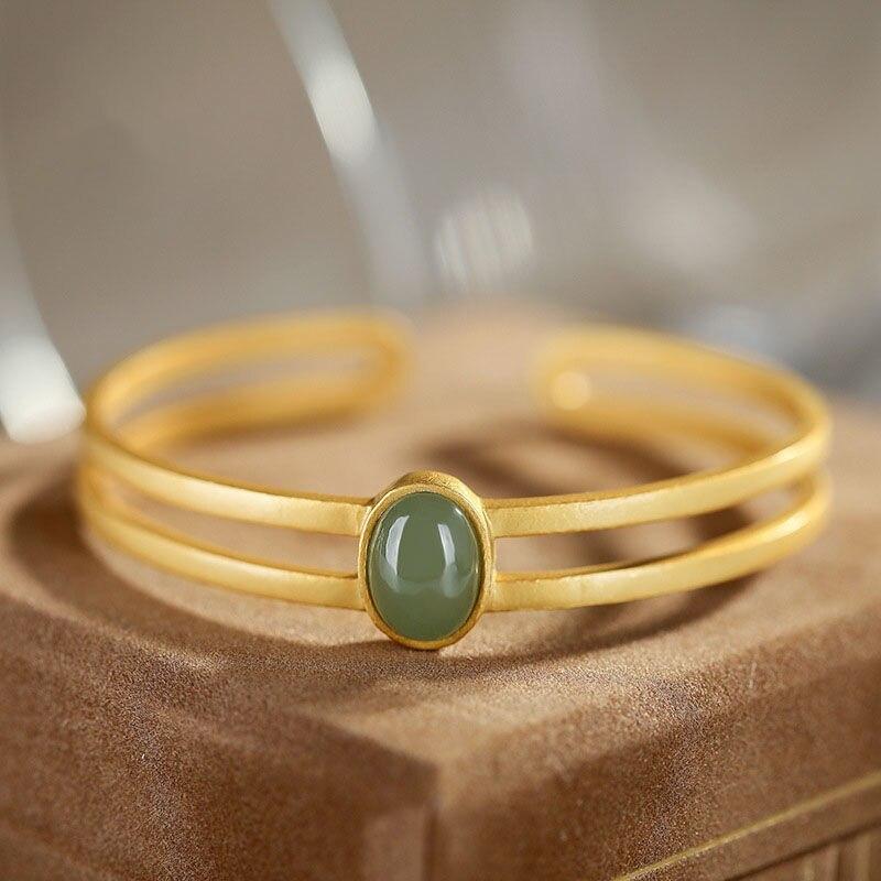 Original S925 Sterling Silver High -End Gold Plating Hetian Jade South Red Jasper High -End Gift For Women Open -End Bangle Bracele
