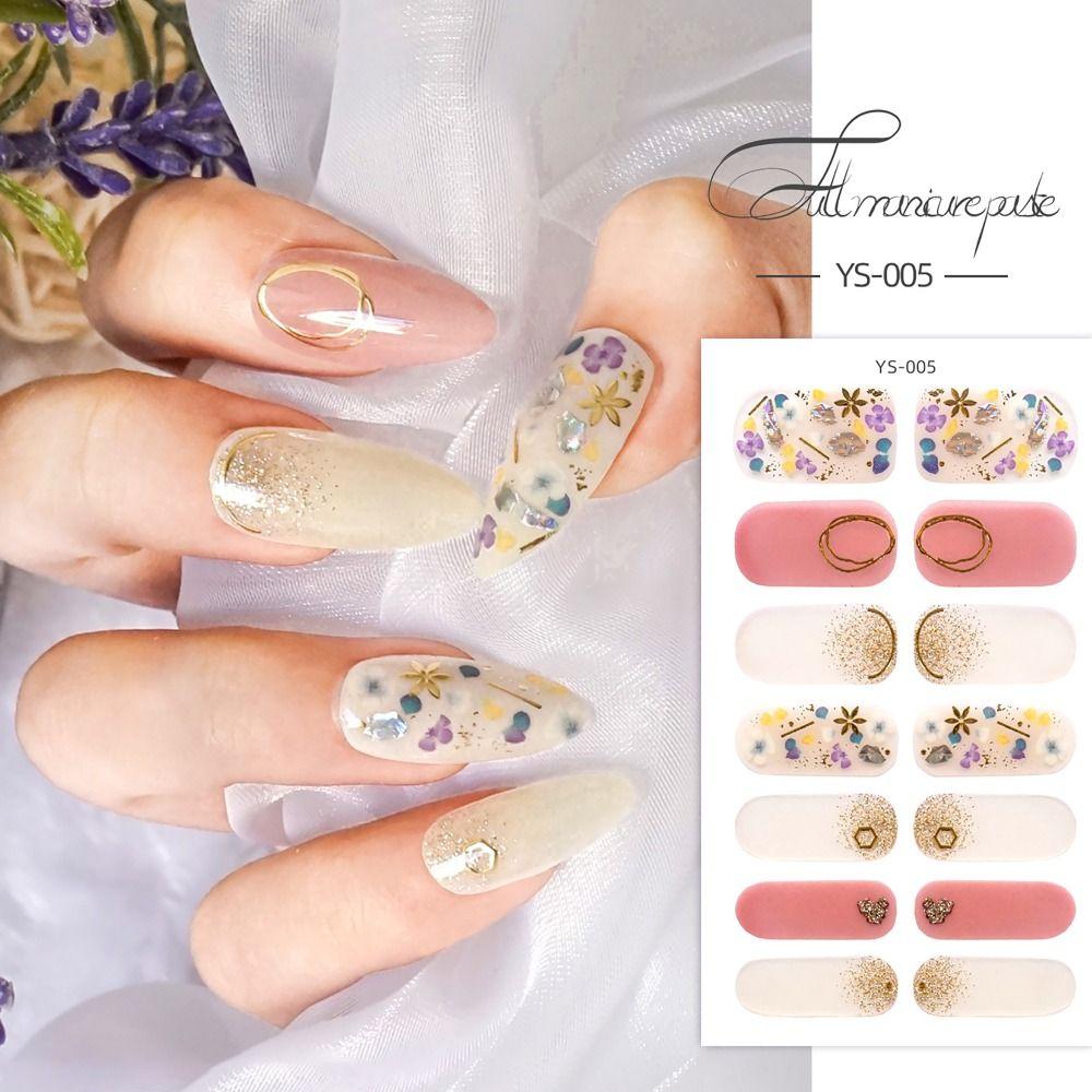 Наклейки для ногтей с полуотвержденным гелем с полным покрытием, 14 полосок, блестящие наклейки для дизайна ногтей, изготовление дизайна ногтей своими руками