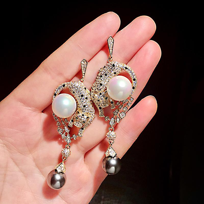 Новые модные серьги с искусственным жемчугом и черным пятном, леопардовые серьги в стиле барокко, микро-набор, ювелирные изделия с кубическим цирконием, банкетные серьги