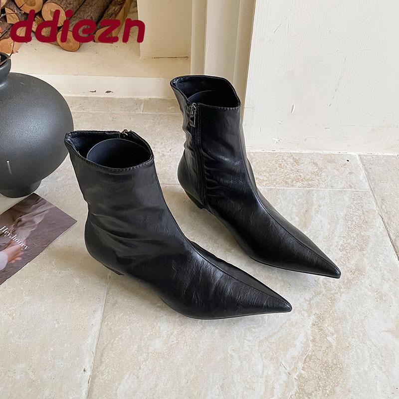 Мода Мода Остроносые Современные Женские Ботильоны На Низком Каблуке Обувь Женские Короткие Ботинки Женская Обувь На Молнии