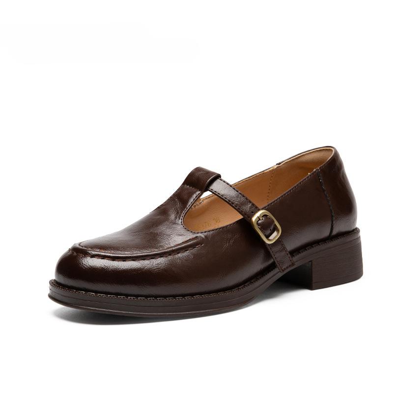 Винтажные туфли Мэри Джейн Легкие женские туфли Британский стиль Маленькие кожаные туфли Французские лоферы Круглый носок Одинарные туфли