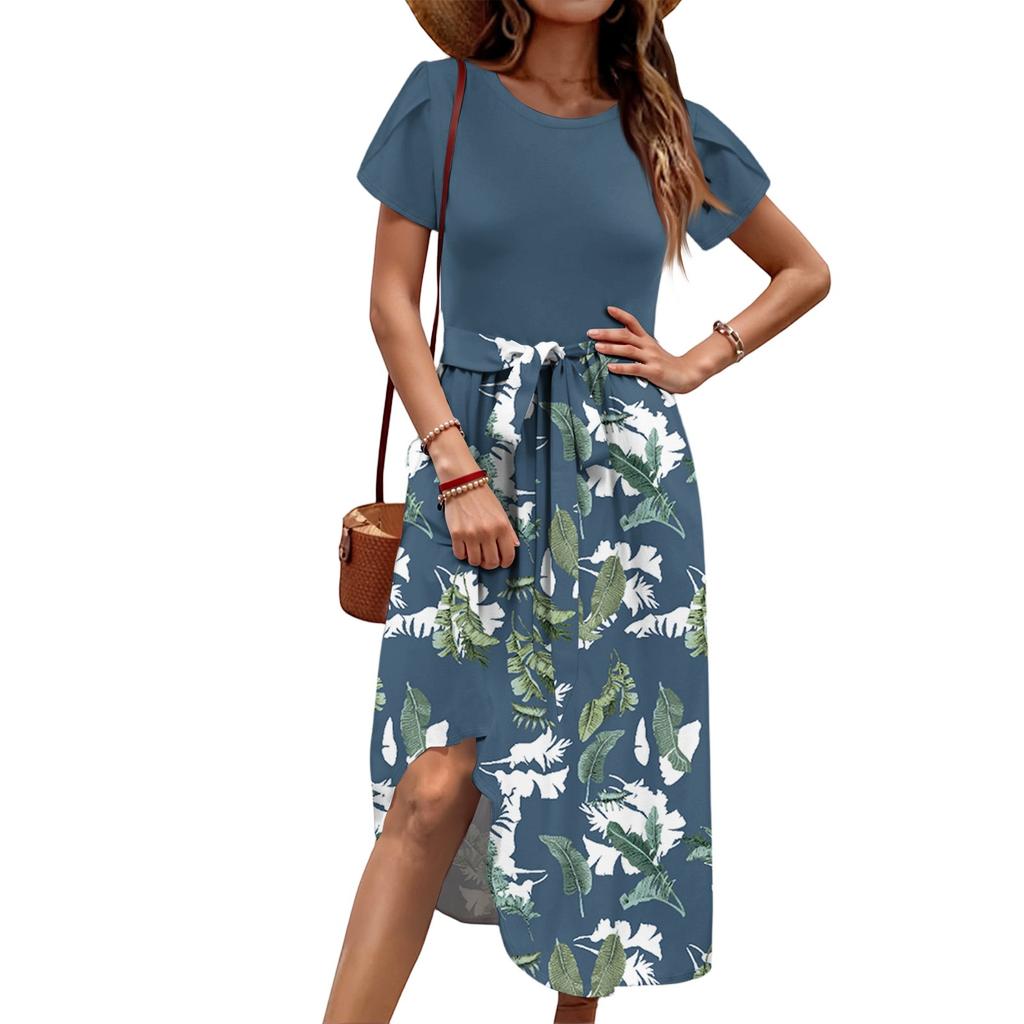 Women's Casual Cute Pattern Print Round Neck Midi Dress Basic Classic Outdoor Everyday Short Sleeve Loose Dress