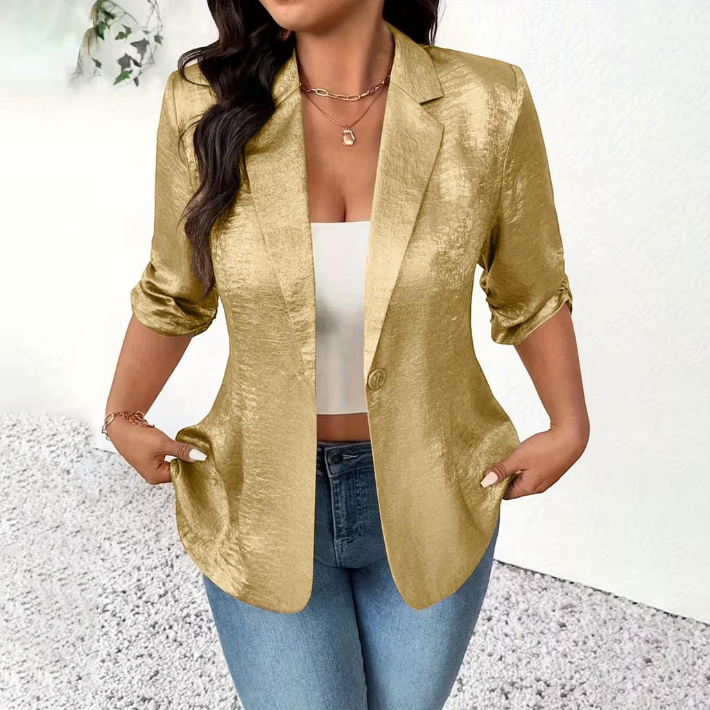Women's - -Color Cardigan With Notched Collar And 3/4-Length Sleeves
