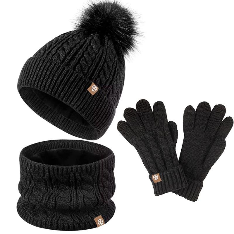 Kids 3-Piece Winter Knit Set Nordic Style Thick Warm Hat Scarf Gloves With Pom Poms