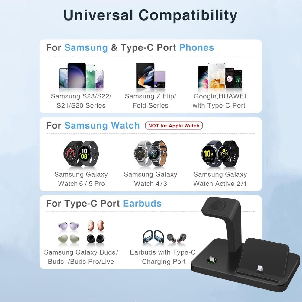 Зарядная станция 3 в 1, быстрое беспроводное зарядное устройство для Samsung S24 S23 S22 Note 20 Z Flip Z Fold для Galaxy Watch 7 6 5 Pro 4 3 Buds