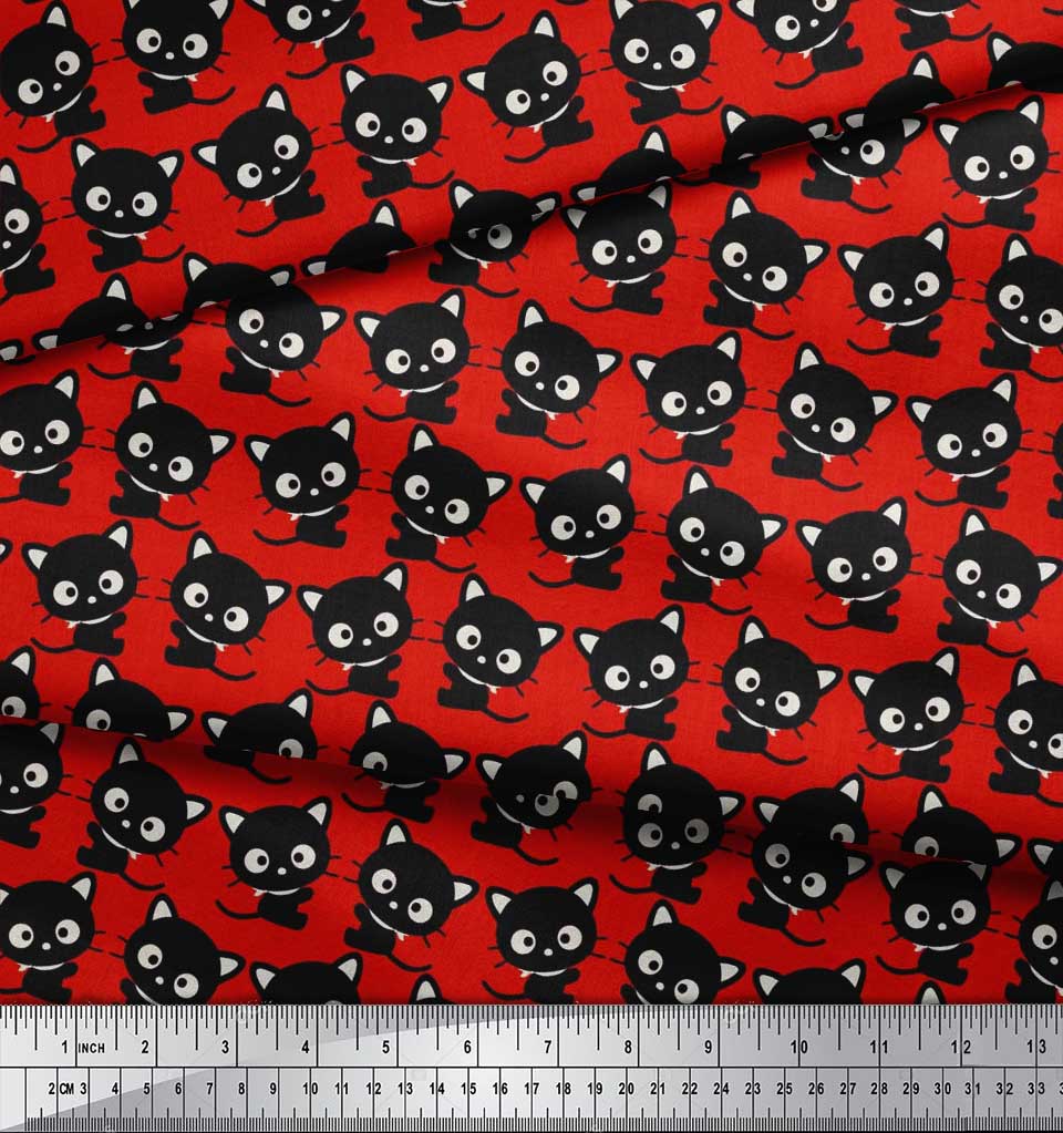 Soimoi Japan Crepe Satin Fabric Cat Cartoon Print Fabric by metre 42 Inch