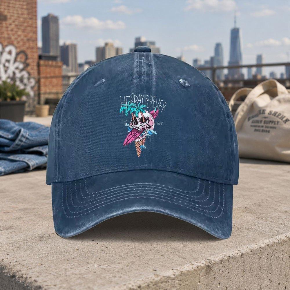 Skull Surfing Print Vintage Washed Baseball Cap Unisex Dad Hat Casual Street Style Accessory
